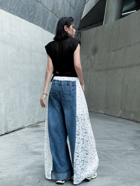Lace Contrast Wide Denim Pants